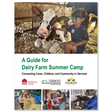 The cover of the guide, featuring images of children interacting with farmers, goats, and cows