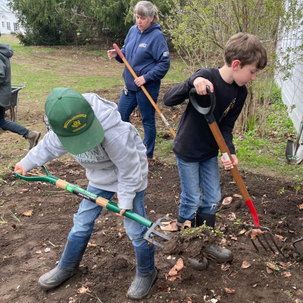 kids shovel and rake soil to prepare garden beds kids shovel and rake soil to prepare garden beds