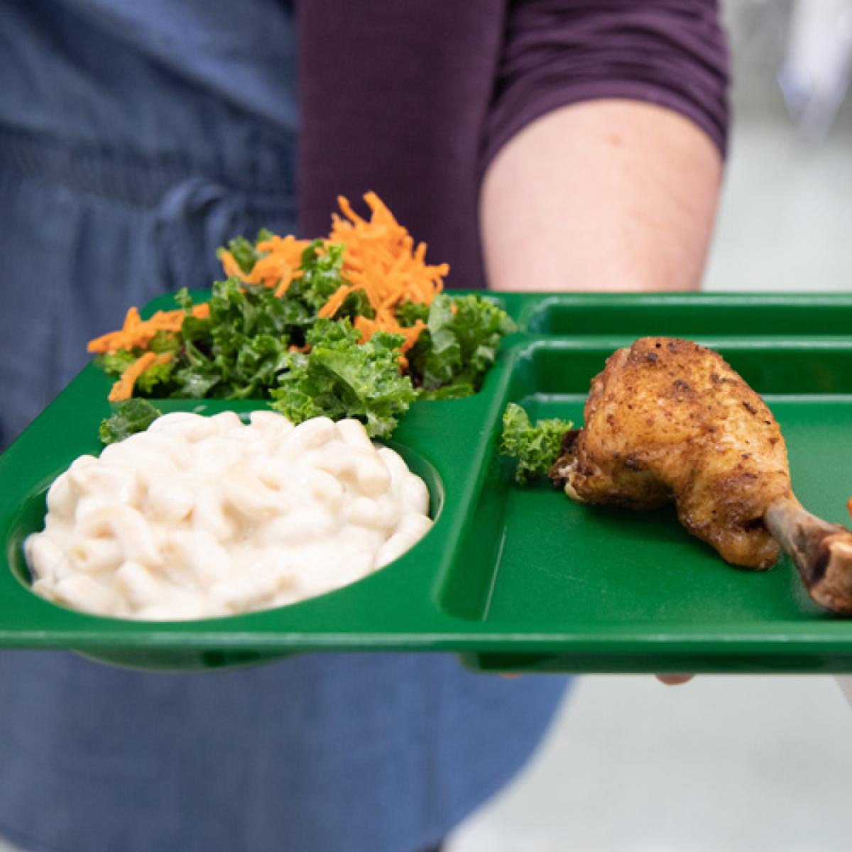 A person holds a green cafeteria tray with a serving of macaroni and cheese, mixed green salad with shredded carrots, and a piece of cooked chicken drumstick. A person holds a green cafeteria tray with a serving of macaroni and cheese, mixed green salad with shredded carrots, and a piece of cooked chicken drumstick.