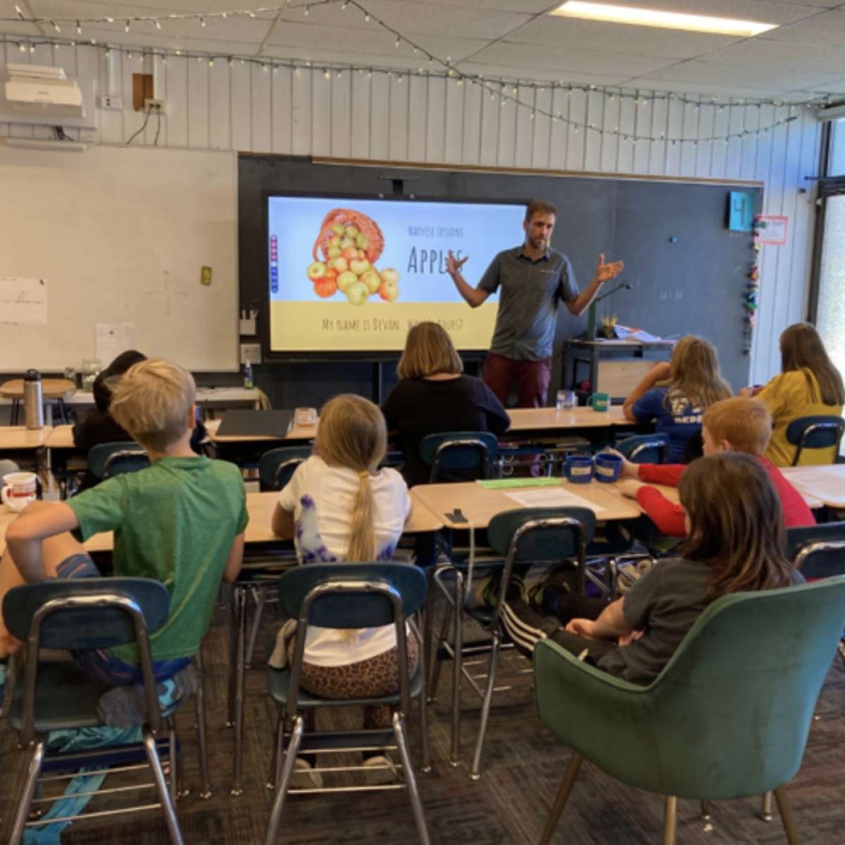An educator presenting a lesson about apples to elementary students in a classroom, with a slide titled "Amazing things about apples" projected on the screen. An educator presenting a lesson about apples to elementary students in a classroom, with a slide titled "Amazing things about apples" projected on the screen.