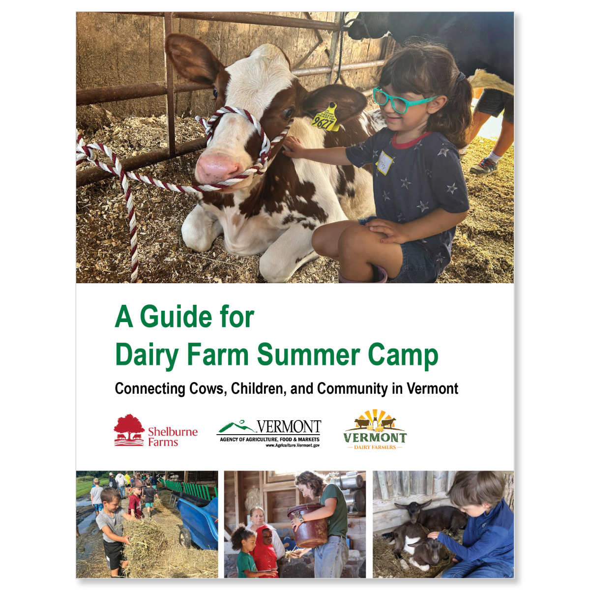 The cover of the guide, featuring images of children interacting with farmers, goats, and cows
