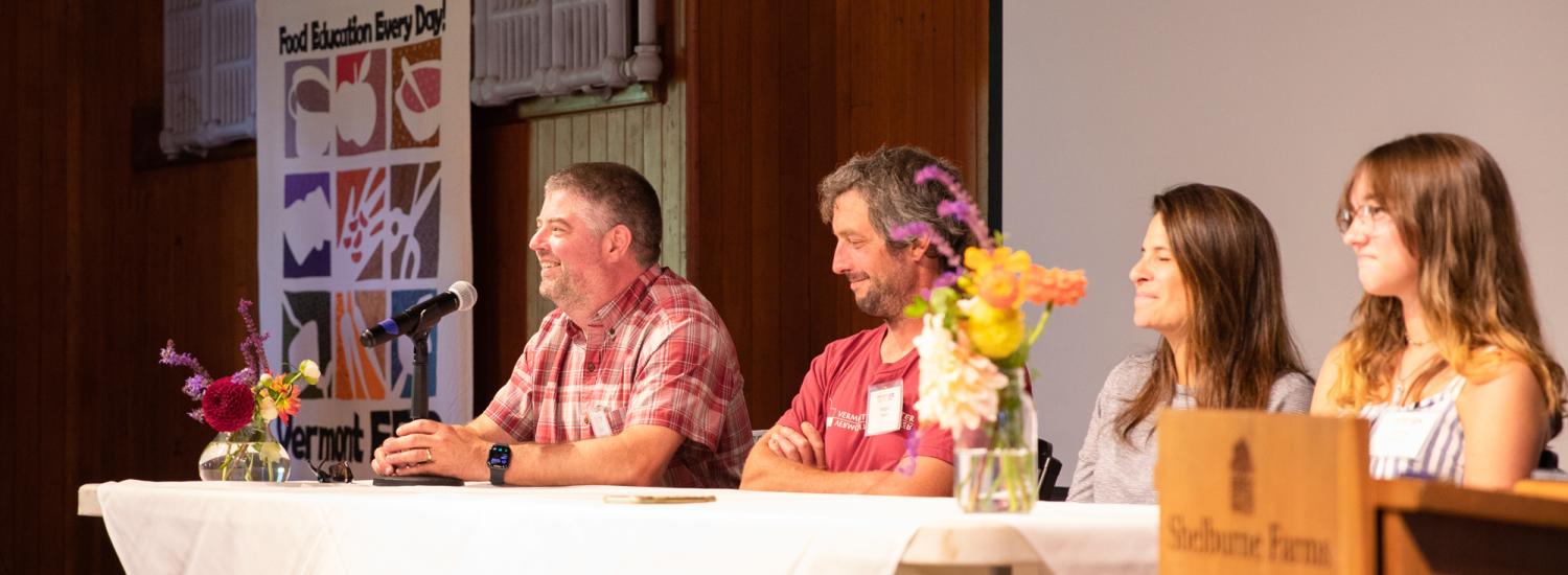 Scott Fay speaks on a cafeteria panel during the 2022 Northeast Farm to School Institute Retreat at Shelburne Farms.