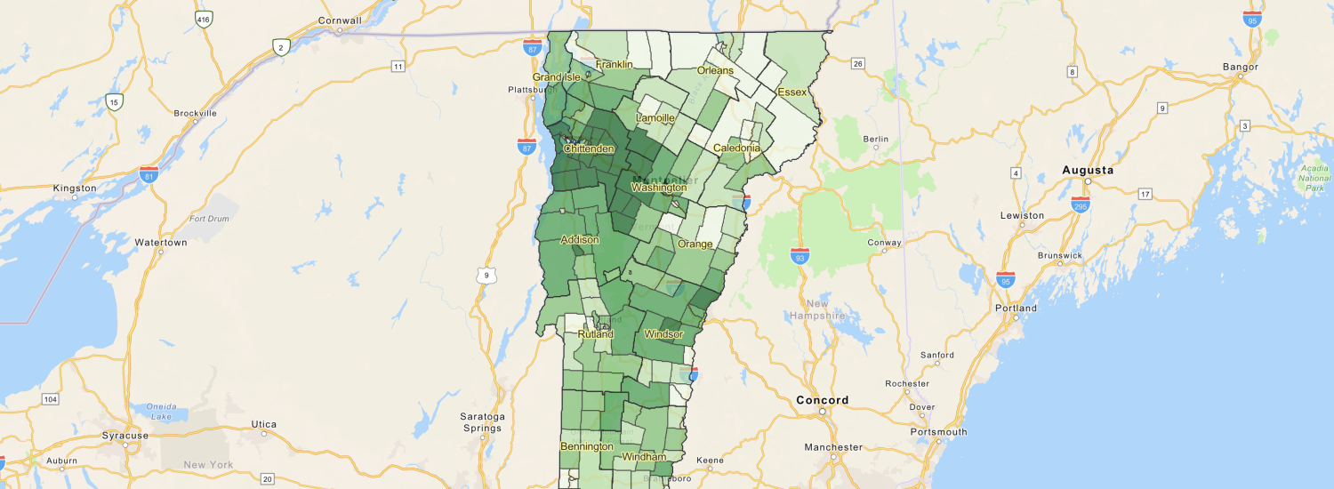 a map of the northeast region of the U.S., with section of Vermont highlighted in various shades of green.
